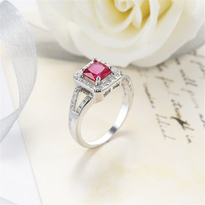 Red Cubic Zirconia and Crystal Halo Cushion-Cut Ring, statement rings for women, dainty minimalist design, detail close-up
