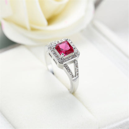 Red Cubic Zirconia and Crystal Halo Cushion-Cut Ring, statement rings for women, dainty minimalist design, lifestyle look