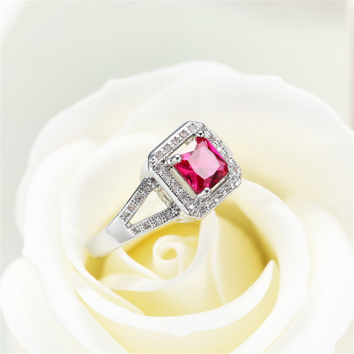 Red Cubic Zirconia and Crystal Halo Cushion-Cut Ring, statement rings for women, dainty minimalist design, side view