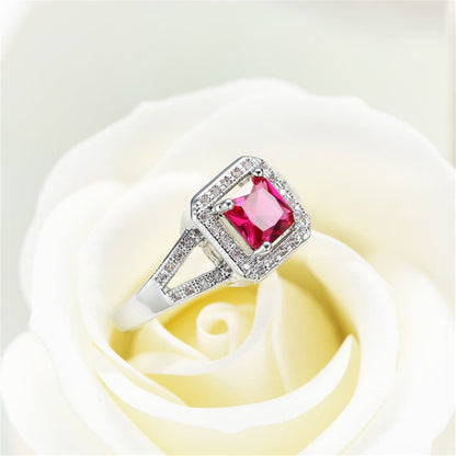 Red Cubic Zirconia and Crystal Halo Cushion-Cut Ring, statement rings for women, dainty minimalist design, side view