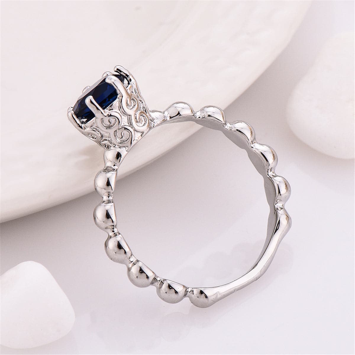Navy Crystal and Silver-Plated Cocktail Ring, silver statement rings for women, everyday style, side view