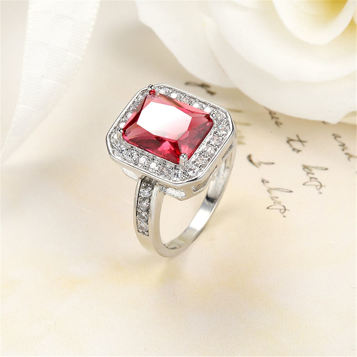 Rose Cubic Zirconia & Crystal Halo Radiant-Cut Ring