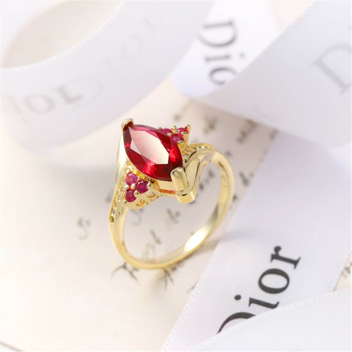 Red Crystal & Cubic Zirconia 18K Gold-Plated Marquise Cluster Ring