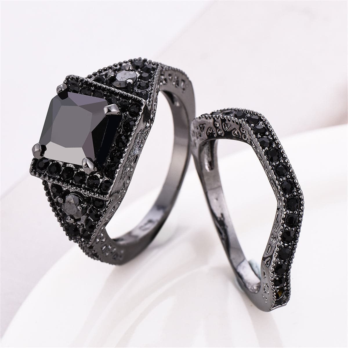 Black Crystal and Cubic Zirconia Ring Set, jewelry gift sets for women, botanical inspired, side view