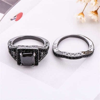 Black Crystal and Cubic Zirconia Ring Set, jewelry gift sets for women, botanical inspired, detail close-up