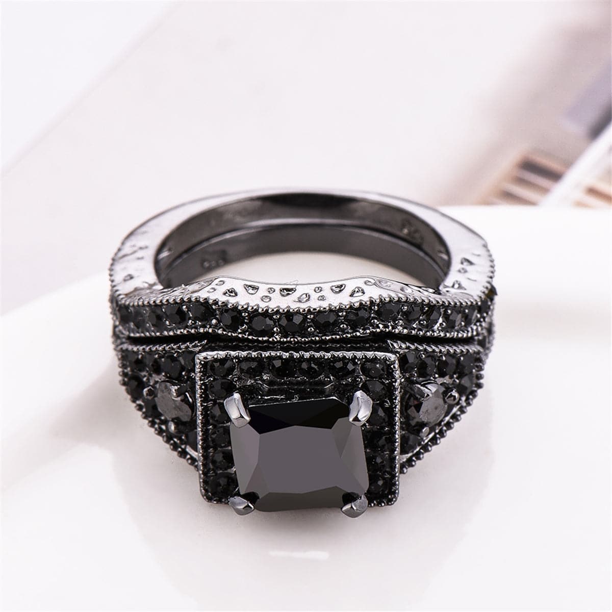 Black Crystal and Cubic Zirconia Ring Set, jewelry gift sets for women, botanical inspired, lifestyle look