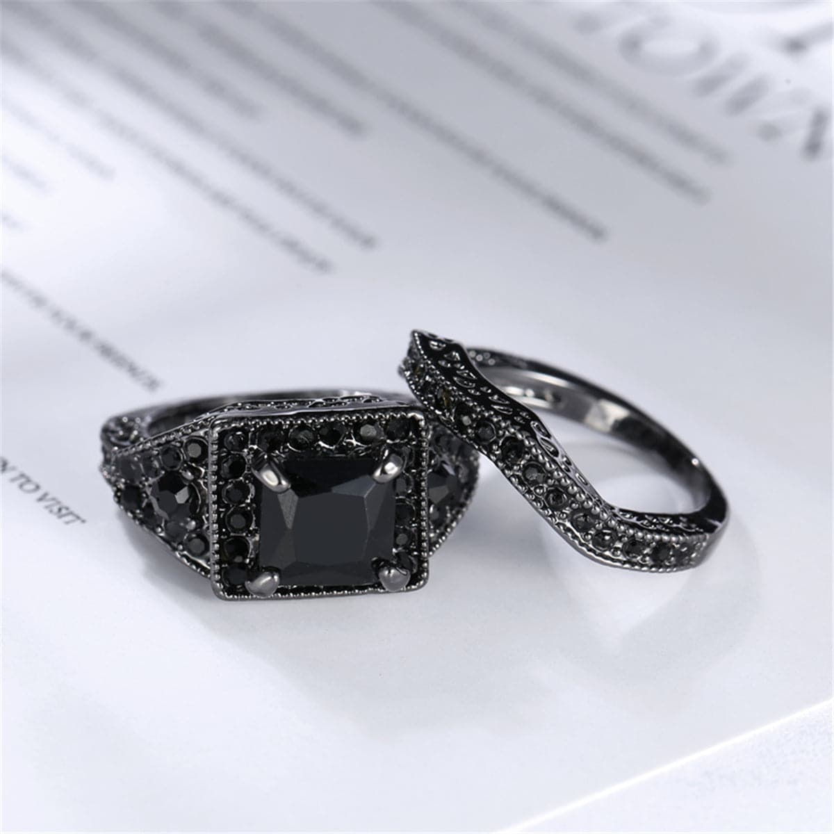 Black Crystal and Cubic Zirconia Ring Set, jewelry gift sets for women, botanical inspired, styled look