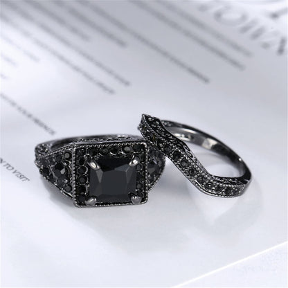 Black Crystal and Cubic Zirconia Ring Set, jewelry gift sets for women, botanical inspired, styled look