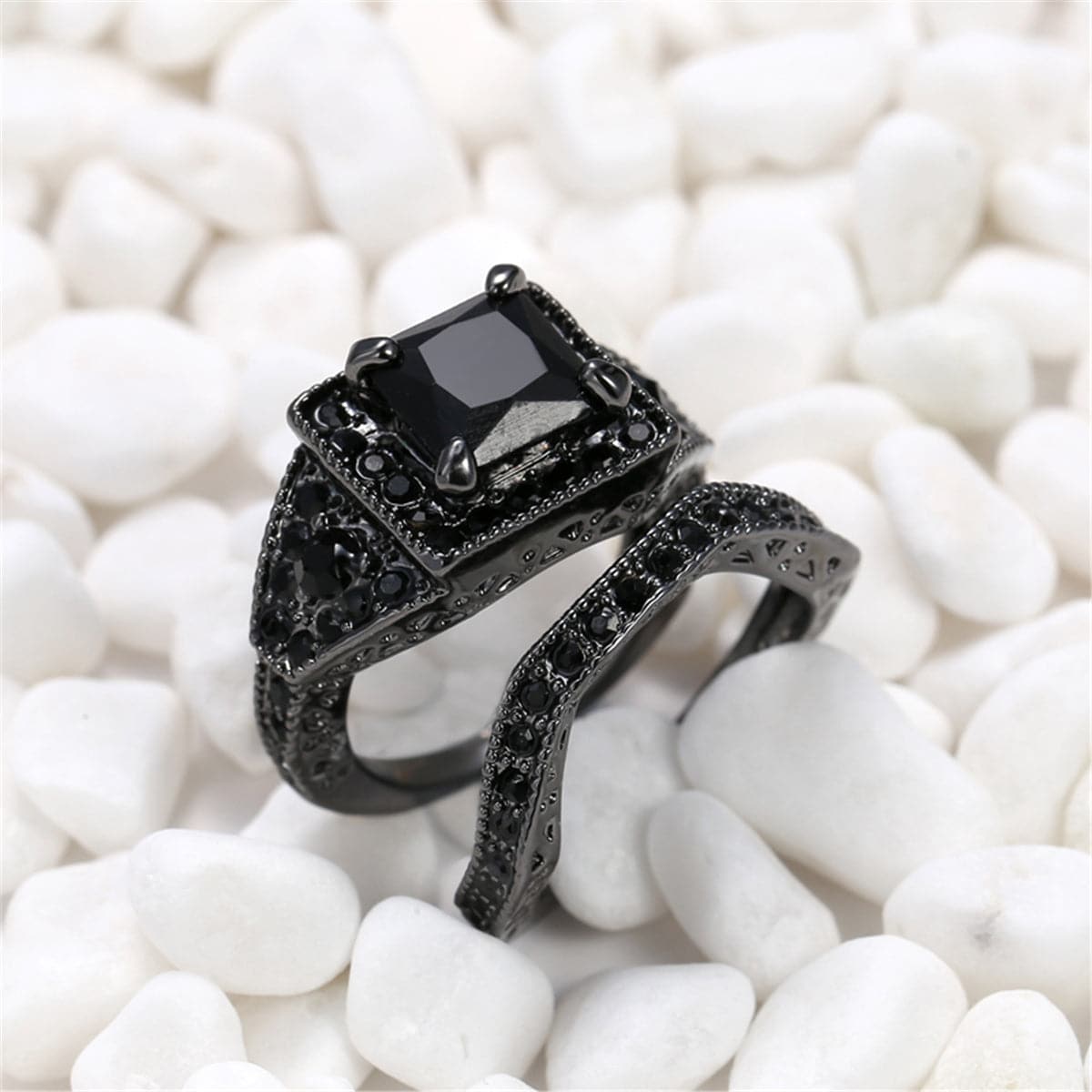 Black Crystal & Cubic Zirconia Ring Set