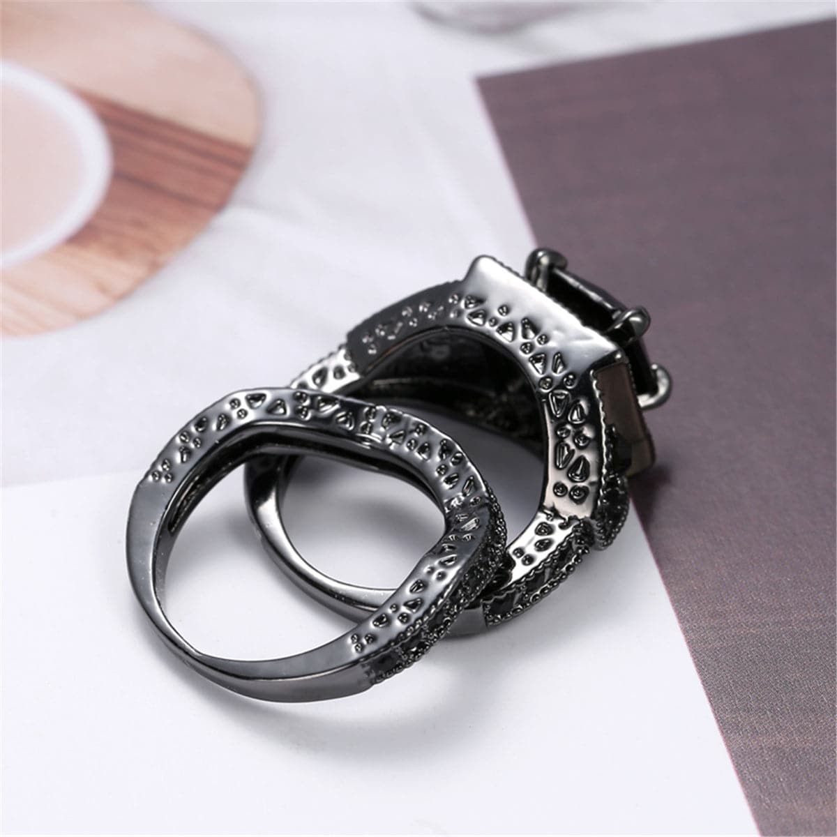 Black Crystal & Cubic Zirconia Ring Set
