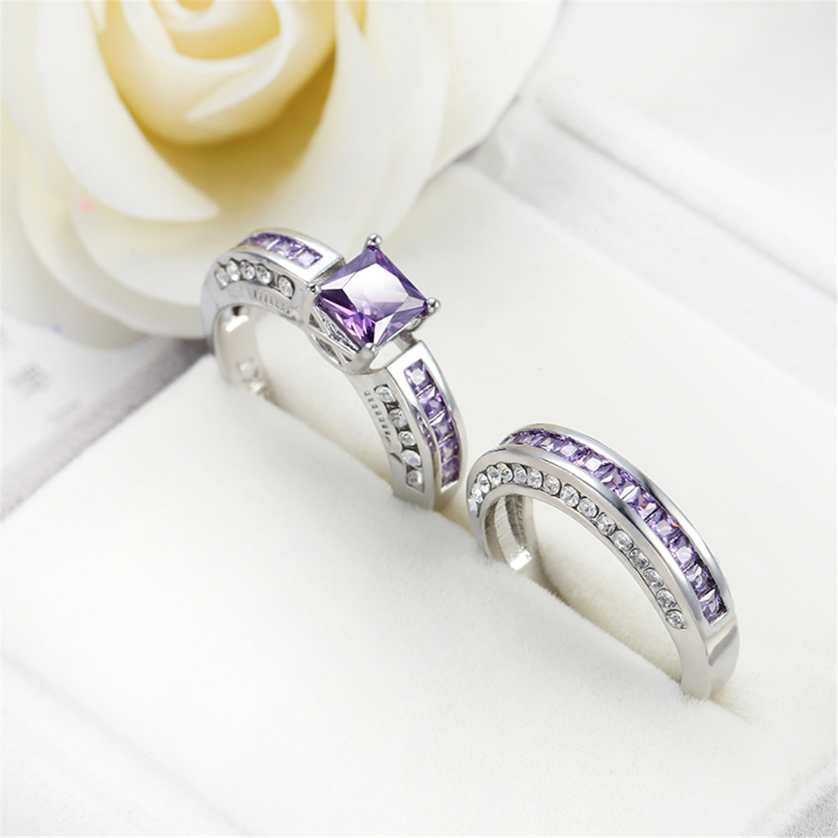 Purple Crystal and Cubic Zirconia Princess-Cut Band and Ring Set, jewelry gift sets for women, everyday style, side view