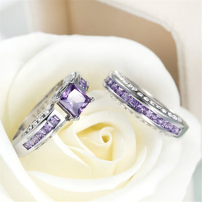 Purple Crystal and Cubic Zirconia Princess-Cut Band and Ring Set, jewelry gift sets for women, detail close-up