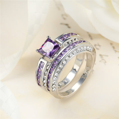 Purple Crystal and Cubic Zirconia Princess-Cut Band and Ring Set, jewelry gift sets for women, everyday style, styled look