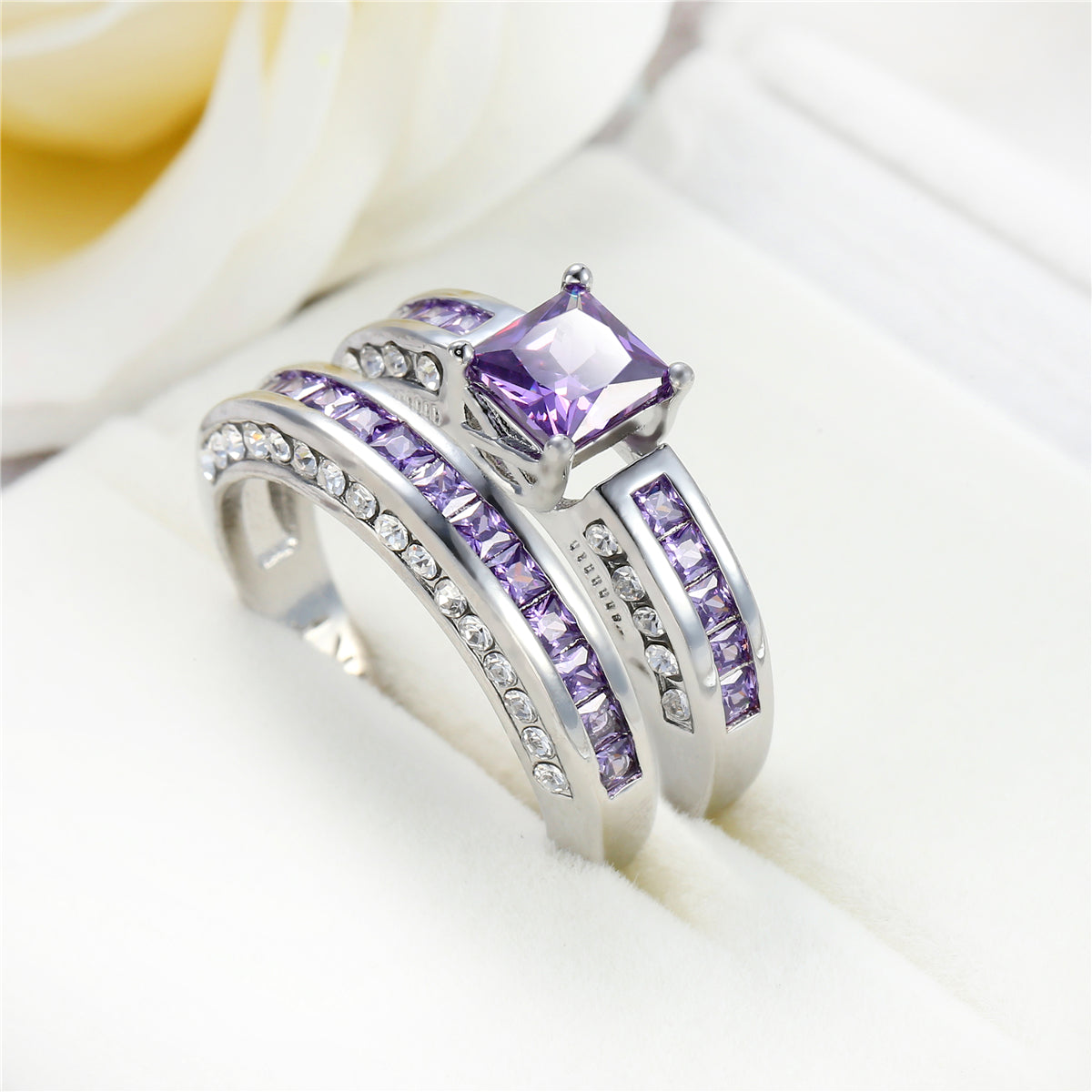 Purple Crystal & Cubic Zirconia Princess-Cut Band & Ring Set