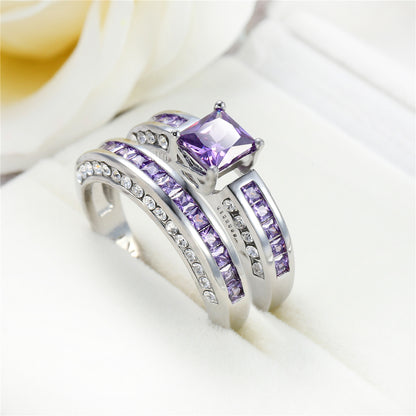 Purple Crystal & Cubic Zirconia Princess-Cut Band & Ring Set