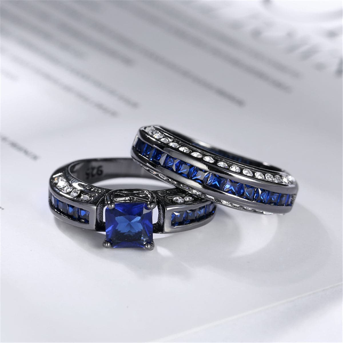 Navy Cubic Zirconia Princess-Cut Ring and Band, jewelry gift sets for women, vintage-inspired design, detail close-up