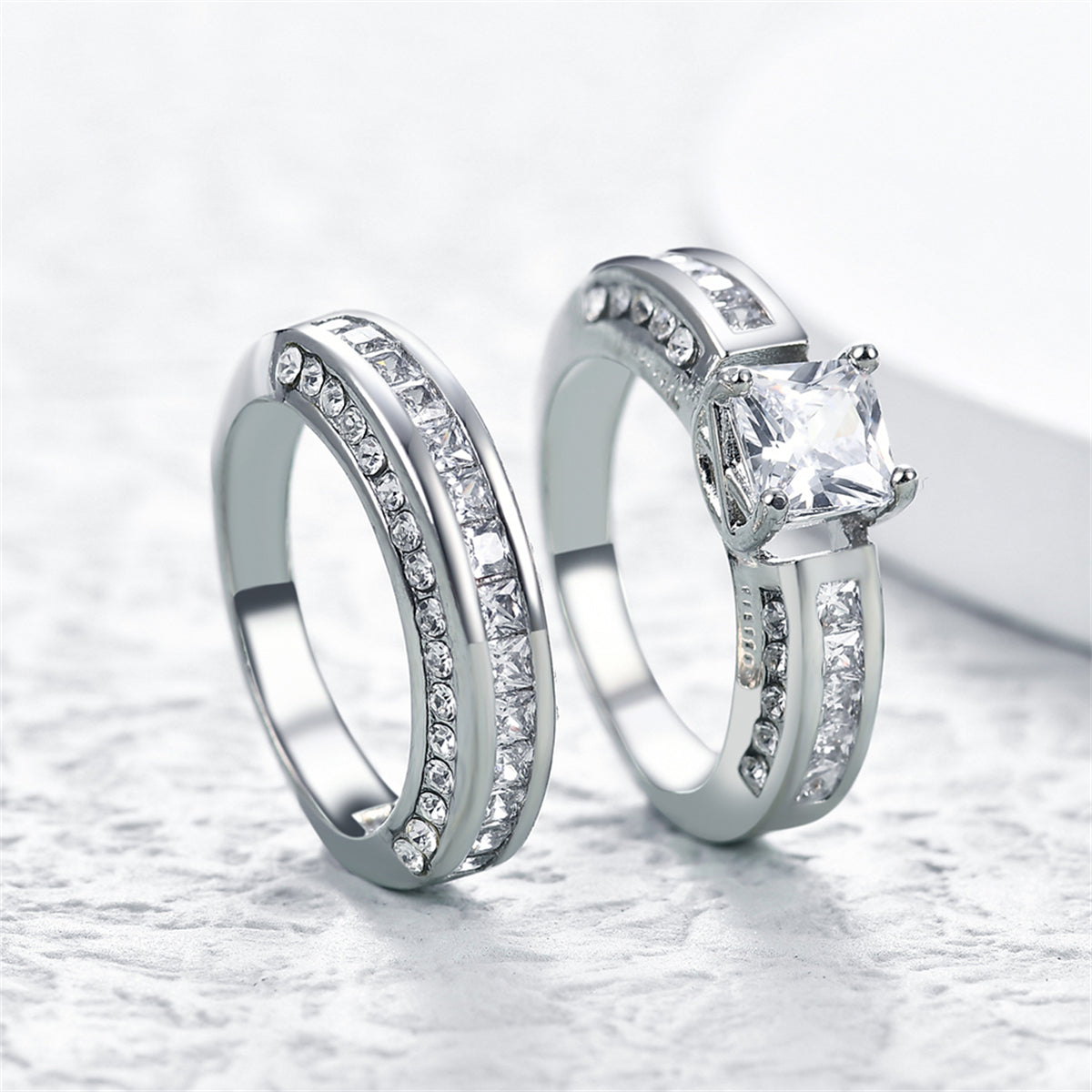 Crystal and Cubic Zirconia Princess-Cut Ring Set, jewelry gift sets for women, elegant gift for her, detail close-up
