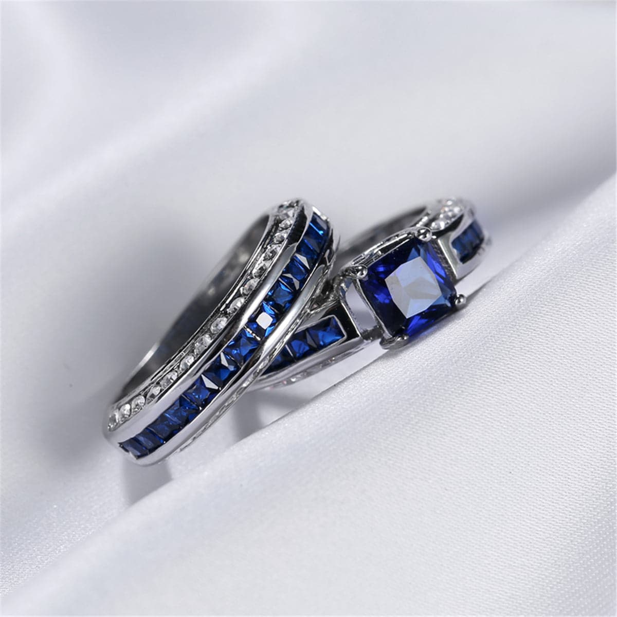 Navy Cubic Zirconia Princess-Cut Ring and Band, jewelry gift sets for women, vintage-inspired design, lifestyle look