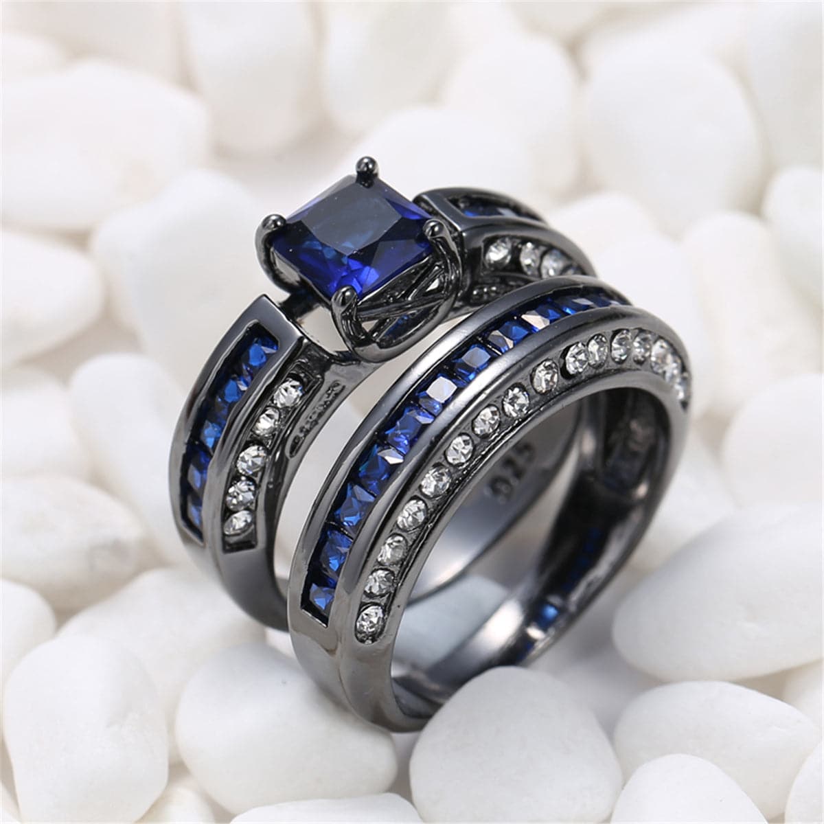 Navy Cubic Zirconia Princess-Cut Ring and Band, jewelry gift sets for women, vintage-inspired design, styled look