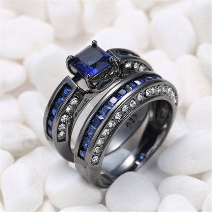 Navy Cubic Zirconia Princess-Cut Ring and Band, jewelry gift sets for women, vintage-inspired design, styled look
