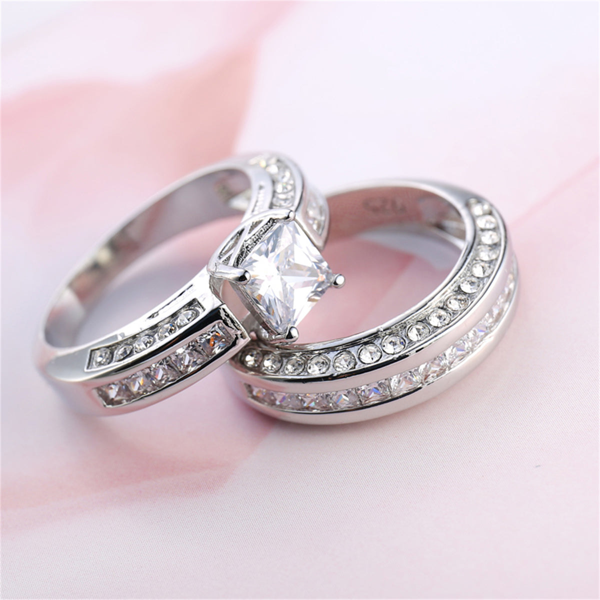Crystal and Cubic Zirconia Princess-Cut Ring Set, jewelry gift sets for women, elegant gift for her, styled look