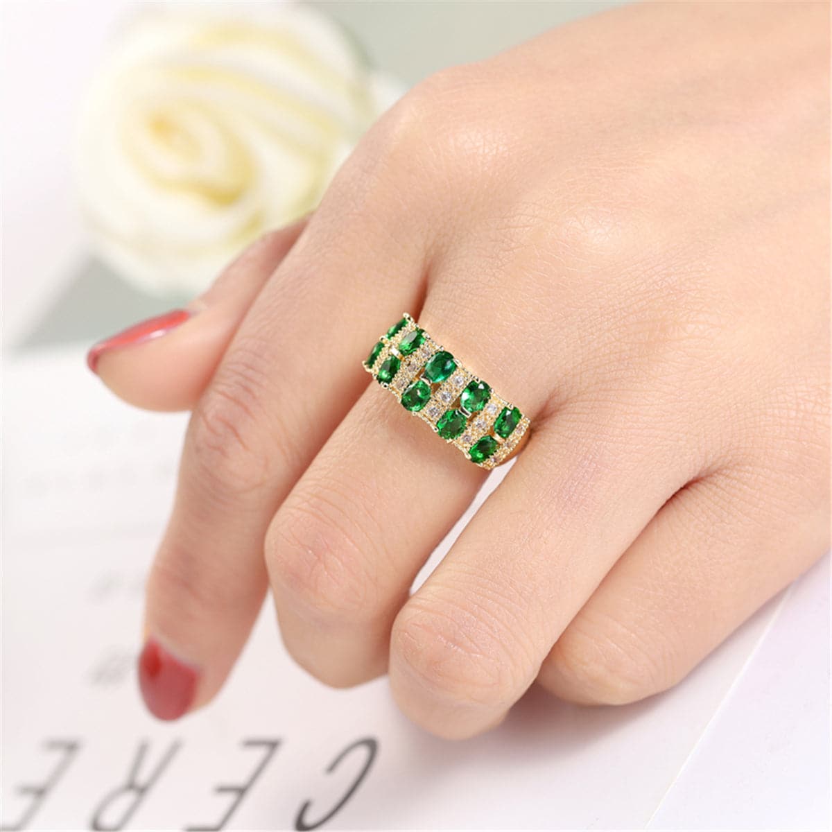 Green Crystal and 18K Gold-Plated Oval-Cut Band Ring, gold statement rings for women, botanical inspired, detail close-up