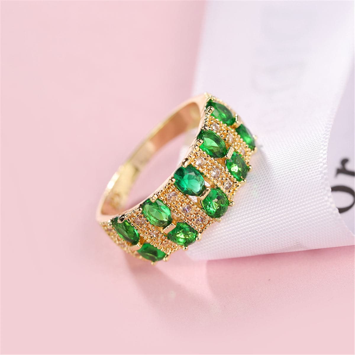 Green Crystal and 18K Gold-Plated Oval-Cut Band Ring, gold statement rings for women, botanical inspired, front view