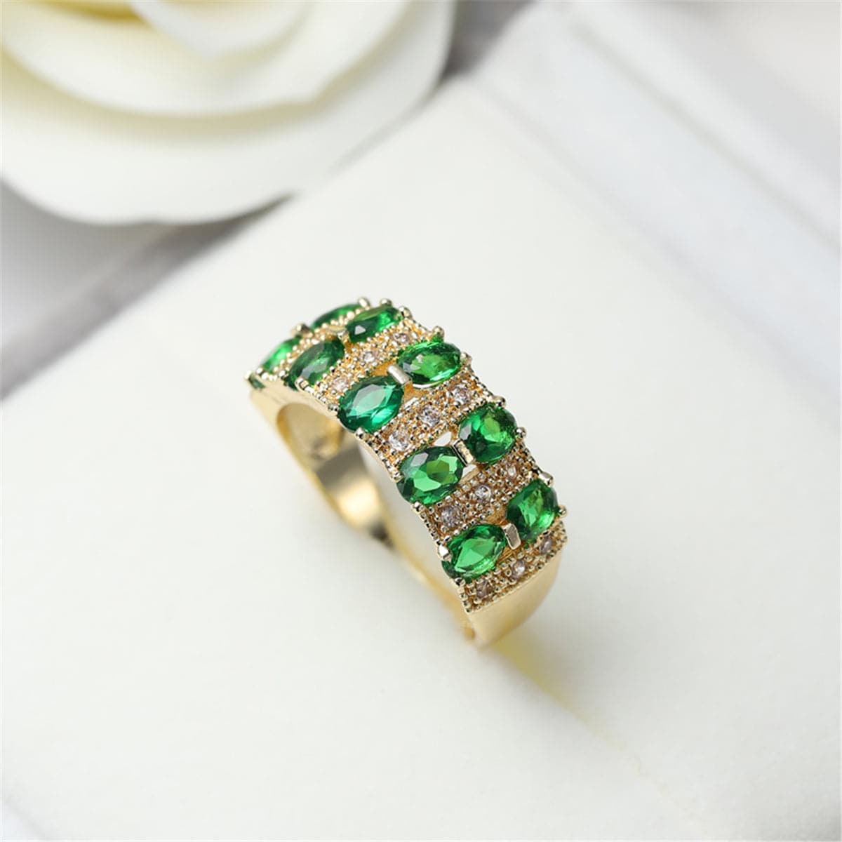 Green Crystal and 18K Gold-Plated Oval-Cut Band Ring, gold statement rings for women, botanical inspired, styled look