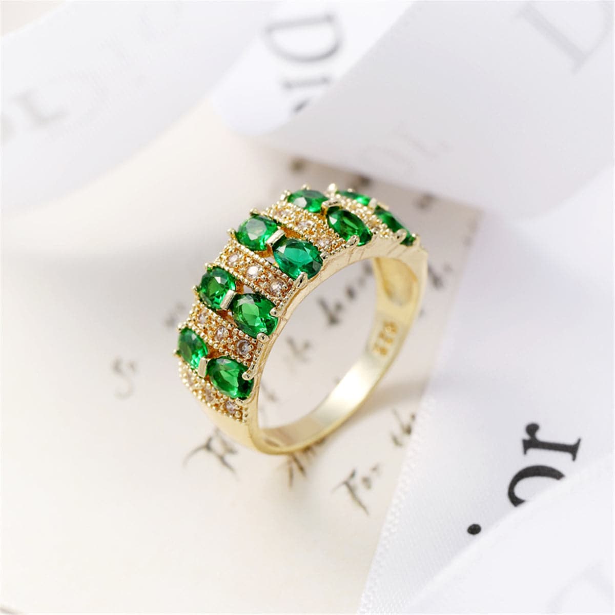 Green Crystal and 18K Gold-Plated Oval-Cut Band Ring, gold statement rings for women, botanical inspired, side view