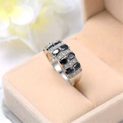 Black Crystal and Silver-Plated Invisible Ring, silver statement rings for women, botanical inspired, detail close-up