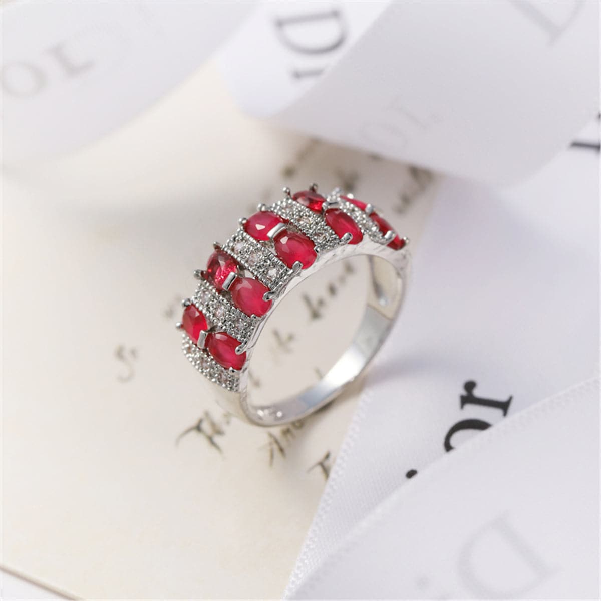 Red Cubic Zirconia and Crystal Two-Row Oval-Cut Ring, statement rings for women, botanical inspired, detail close-up