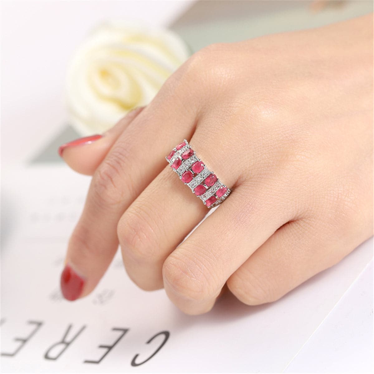 Green Crystal and Cubic Zirconia Oval-Cut Ring, statement rings for women, elegant gift for her, side view