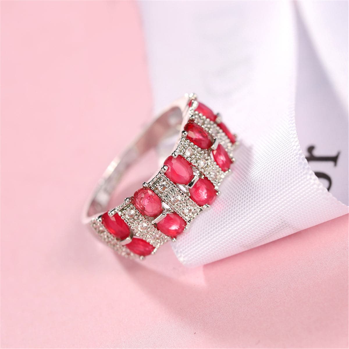 Red Cubic Zirconia and Crystal Two-Row Oval-Cut Ring, statement rings for women, botanical inspired, side view