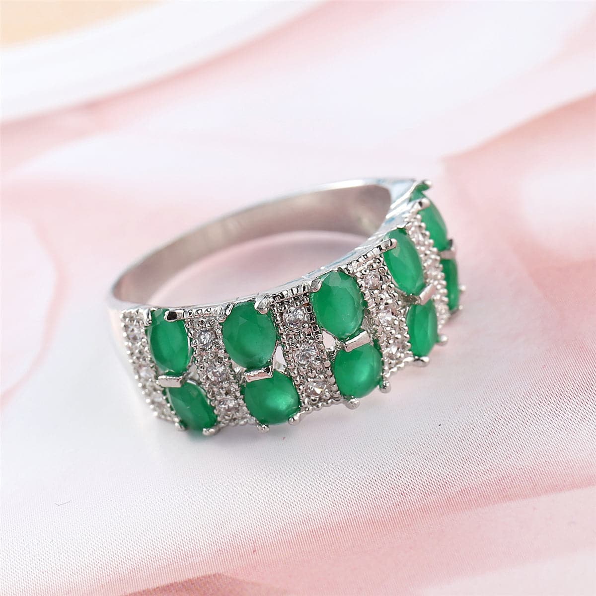 Green Crystal and Cubic Zirconia Oval-Cut Ring, statement rings for women, elegant gift for her, front view
