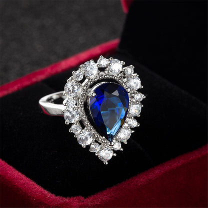 Navy Crystal and Cubic Zirconia Hola Pear-Cut Ring, statement rings for women, botanical inspired, detail close-up