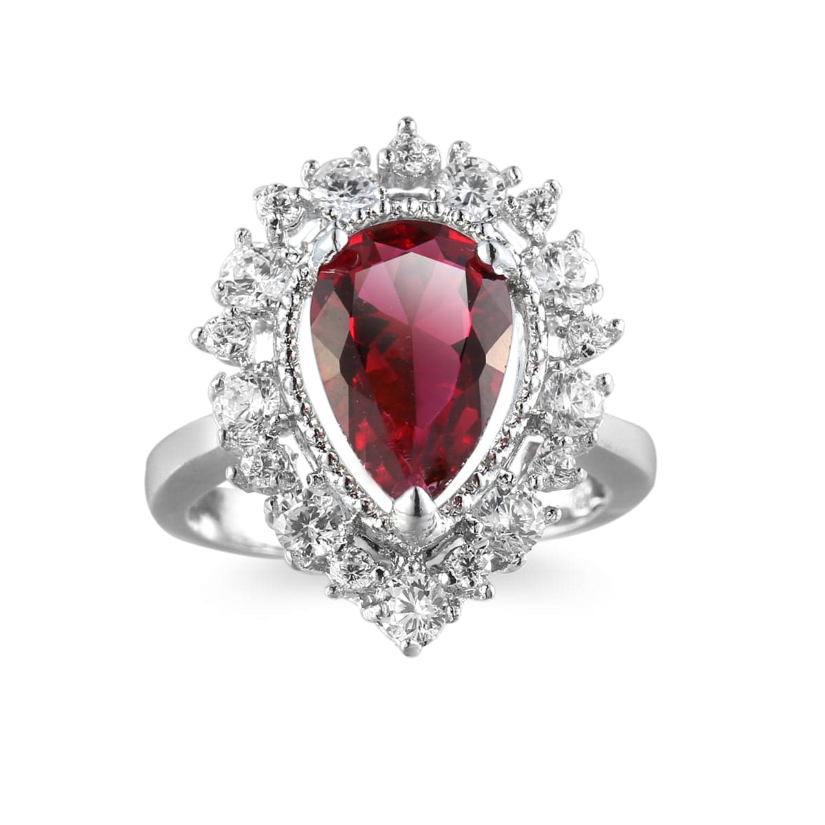 Red Cubic Zirconia & Silver-Plated Pear Halo Ring