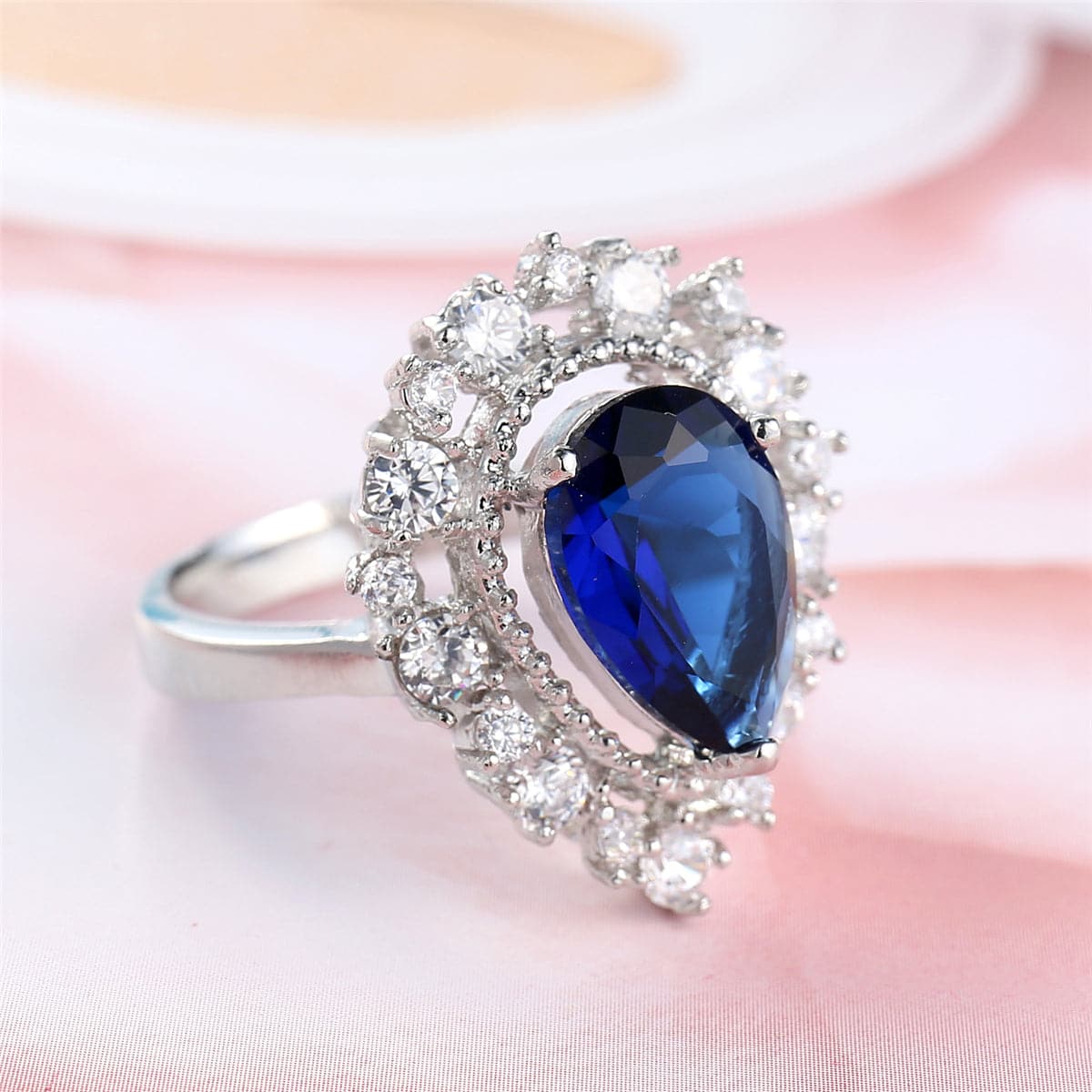 Navy Crystal and Cubic Zirconia Hola Pear-Cut Ring, statement rings for women, botanical inspired, lifestyle look