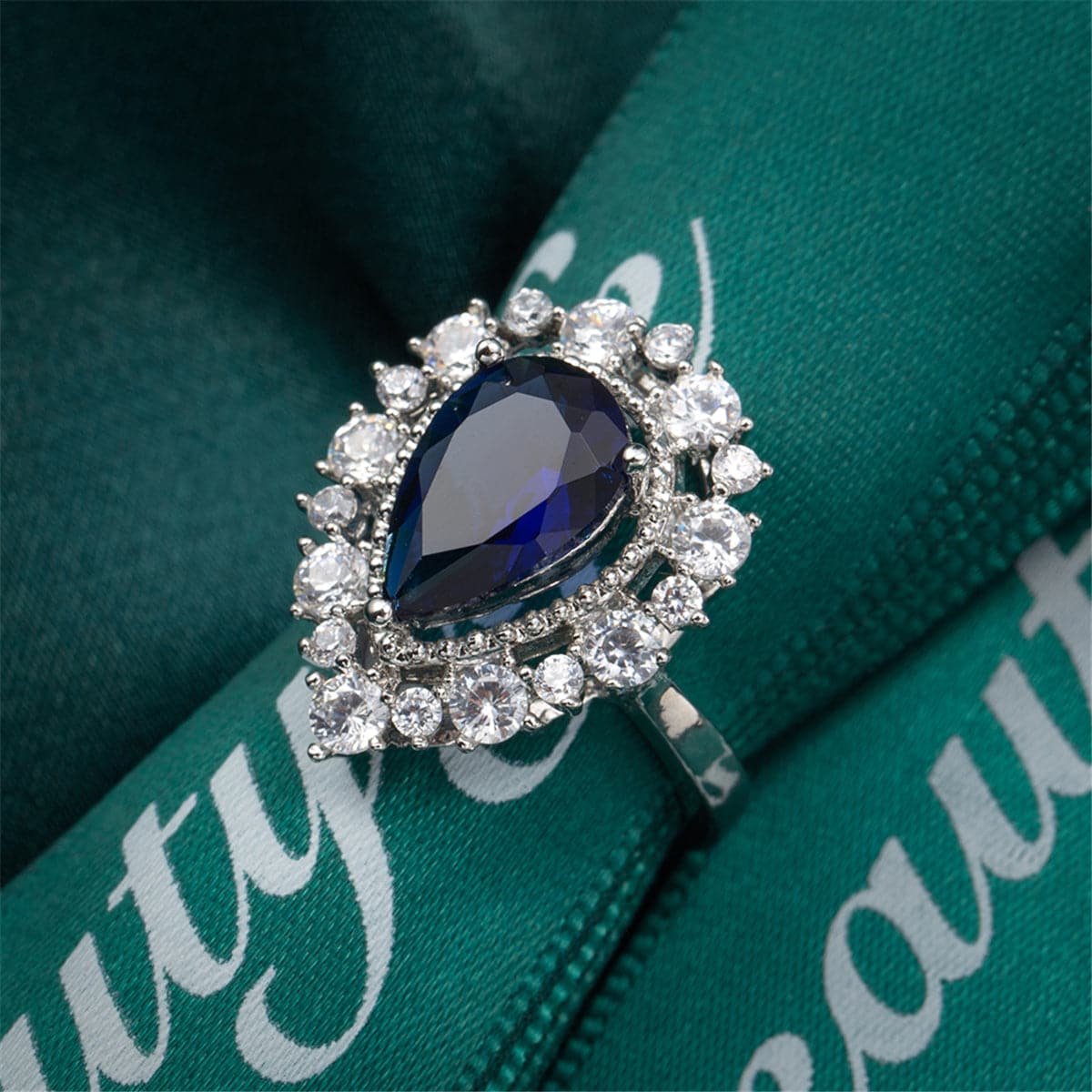 Navy Crystal and Cubic Zirconia Hola Pear-Cut Ring, statement rings for women, botanical inspired, styled look