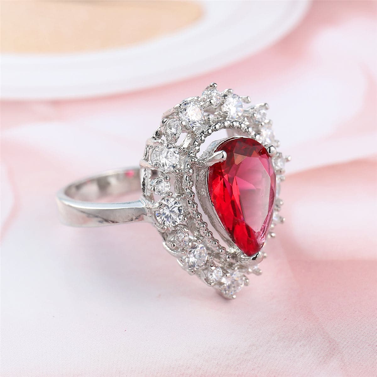 Red Cubic Zirconia & Silver-Plated Pear Halo Ring