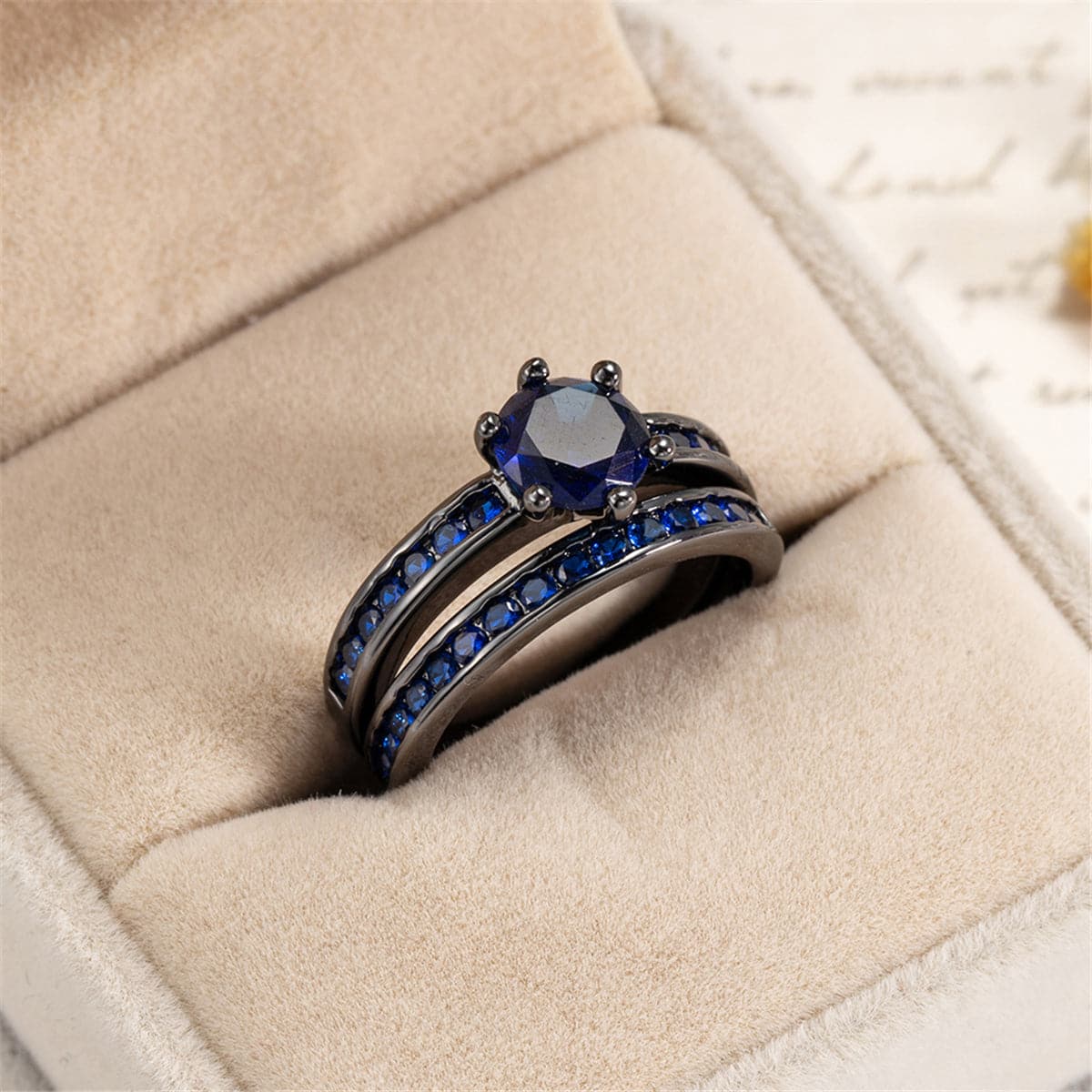 Navy Crystal and Cubic Zirconia Round-Cut Band and Ring Set, jewelry gift sets for women, detail close-up