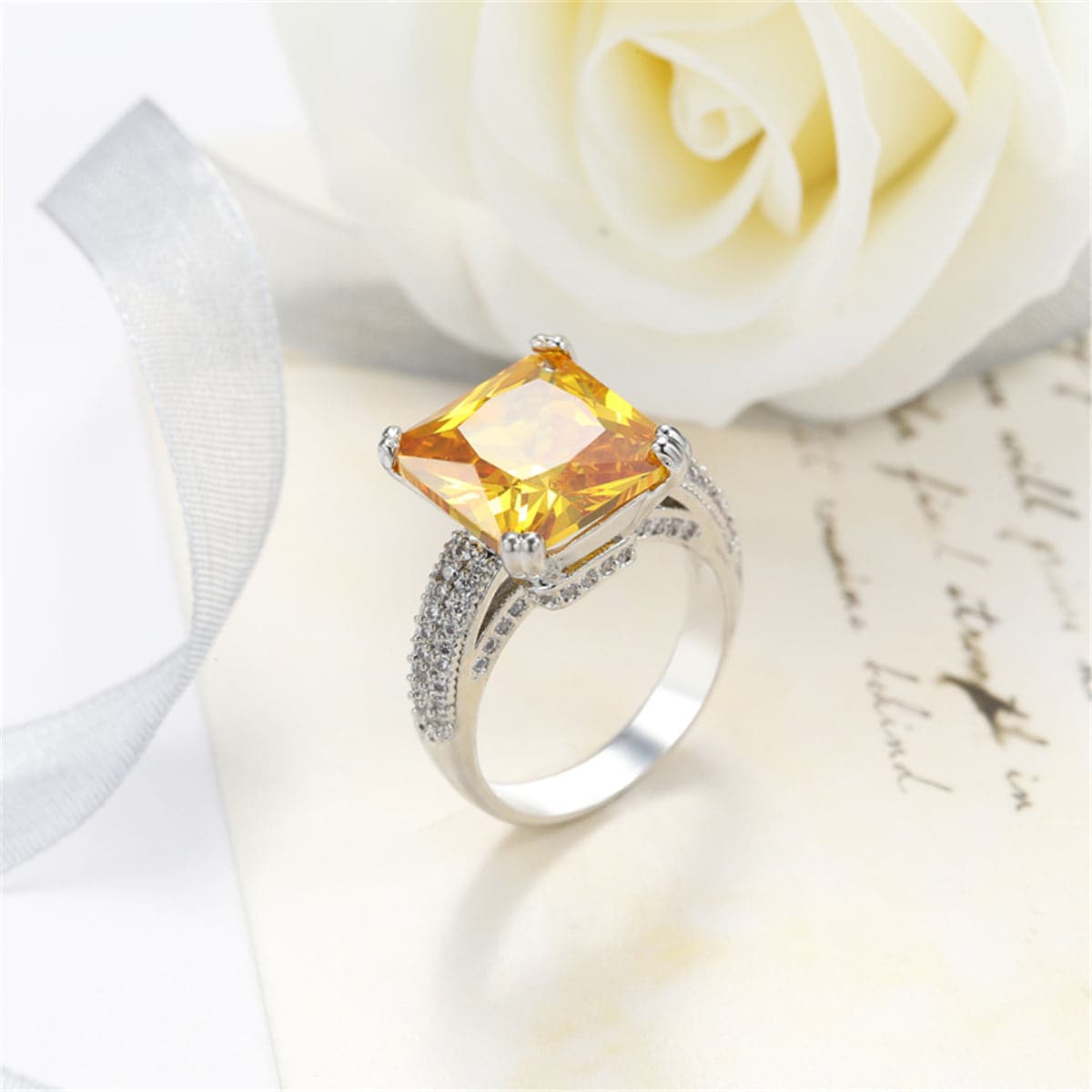 Yellow Crystal & Silver-Plated Princess-Cut Ring