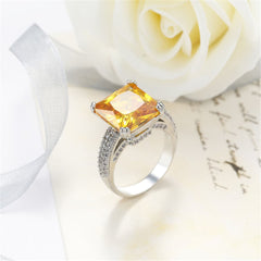 Yellow Crystal & Silver-Plated Princess-Cut Ring