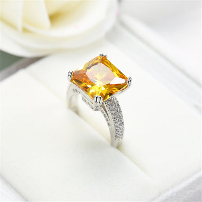 Yellow Crystal and Silver-Plated Princess-Cut Ring, jewelry gift sets for women, elegant gift for her, detail close-up