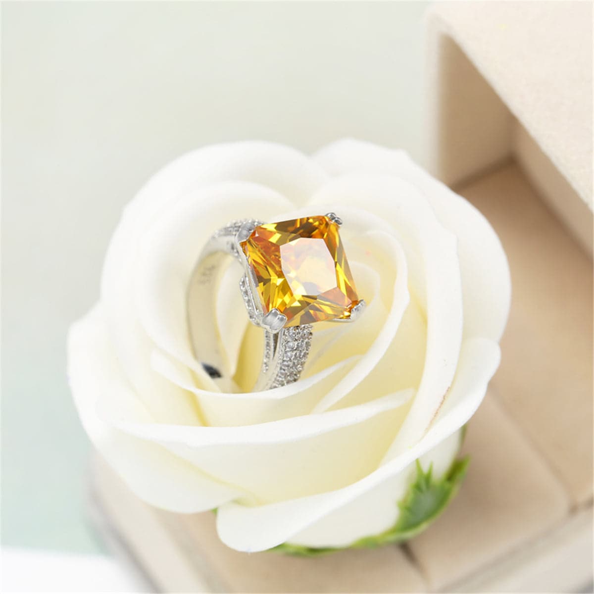 Yellow Crystal and Silver-Plated Princess-Cut Ring, jewelry gift sets for women, elegant gift for her, lifestyle look