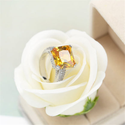 Yellow Crystal and Silver-Plated Princess-Cut Ring, jewelry gift sets for women, elegant gift for her, lifestyle look