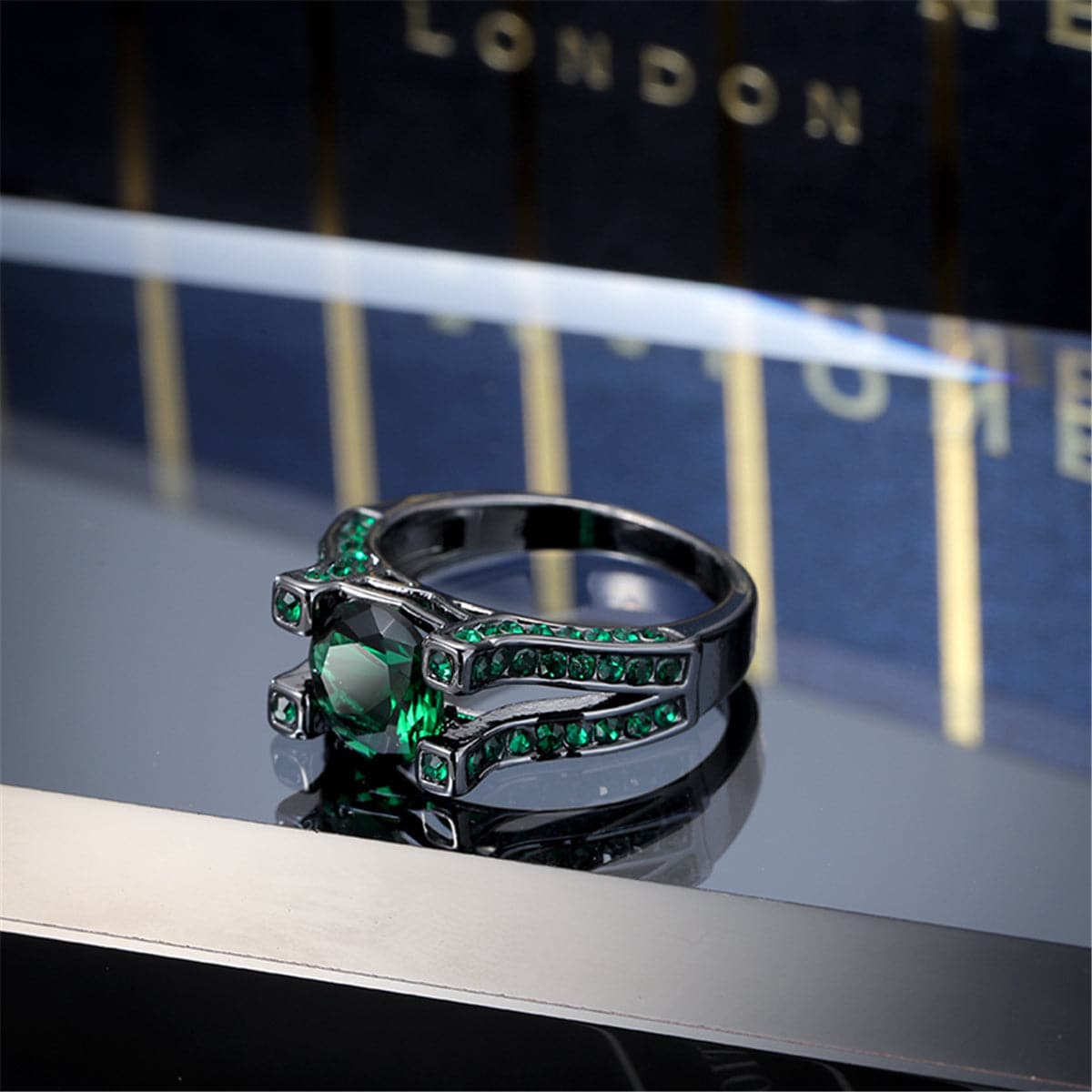 Green Crystal and Cubic Zirconia Tension Pavé Ring, statement rings for women, dainty minimalist design, side view