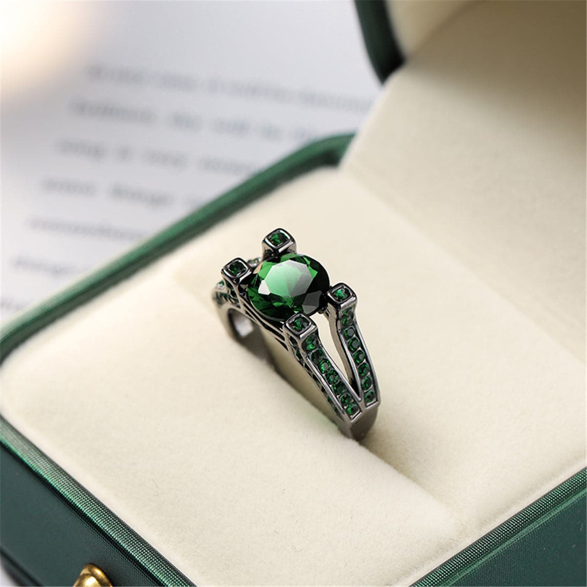 Green Crystal and Cubic Zirconia Tension Pavé Ring, statement rings for women, dainty minimalist design, detail close-up