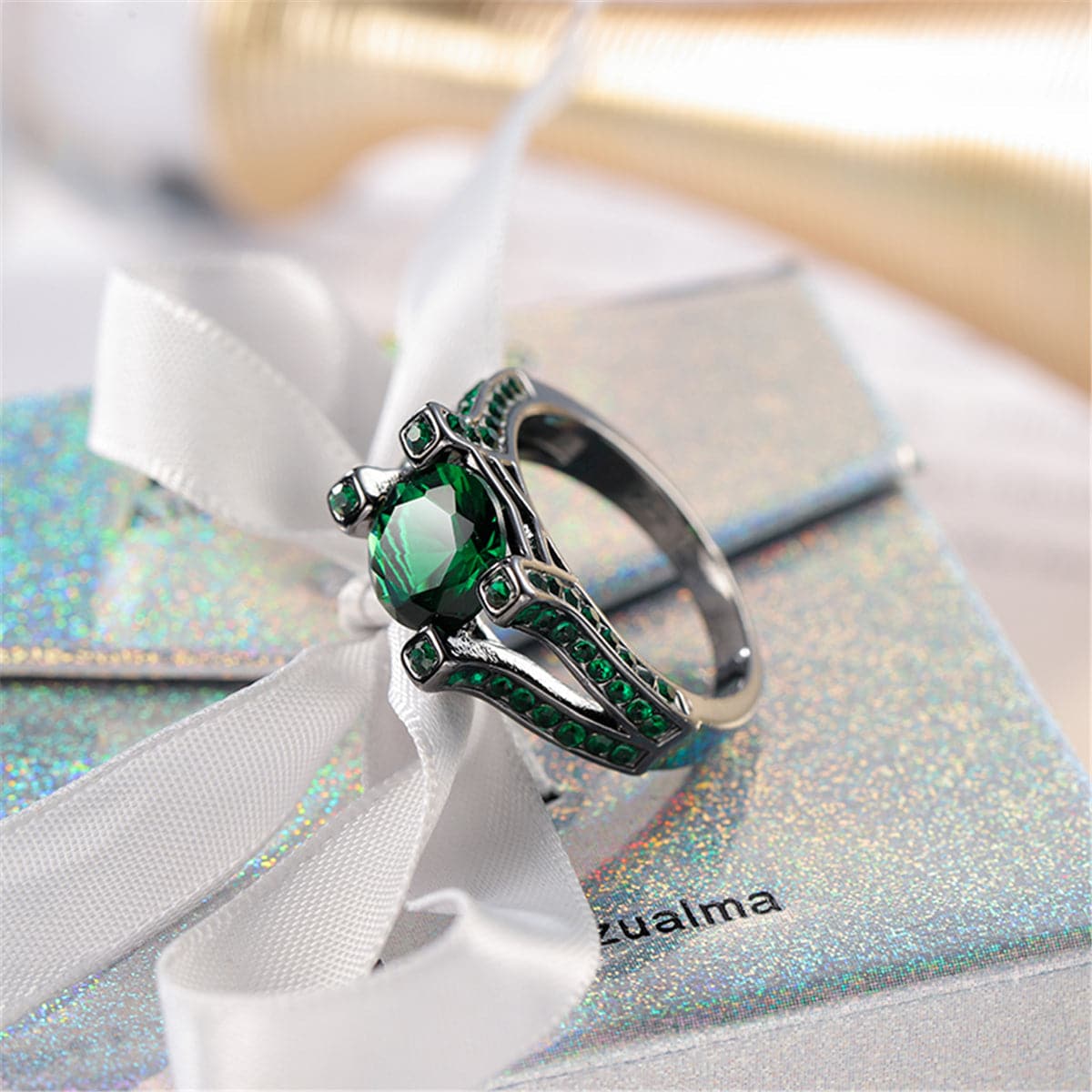 Green Crystal and Cubic Zirconia Tension Pavé Ring, statement rings for women, dainty minimalist design, lifestyle look