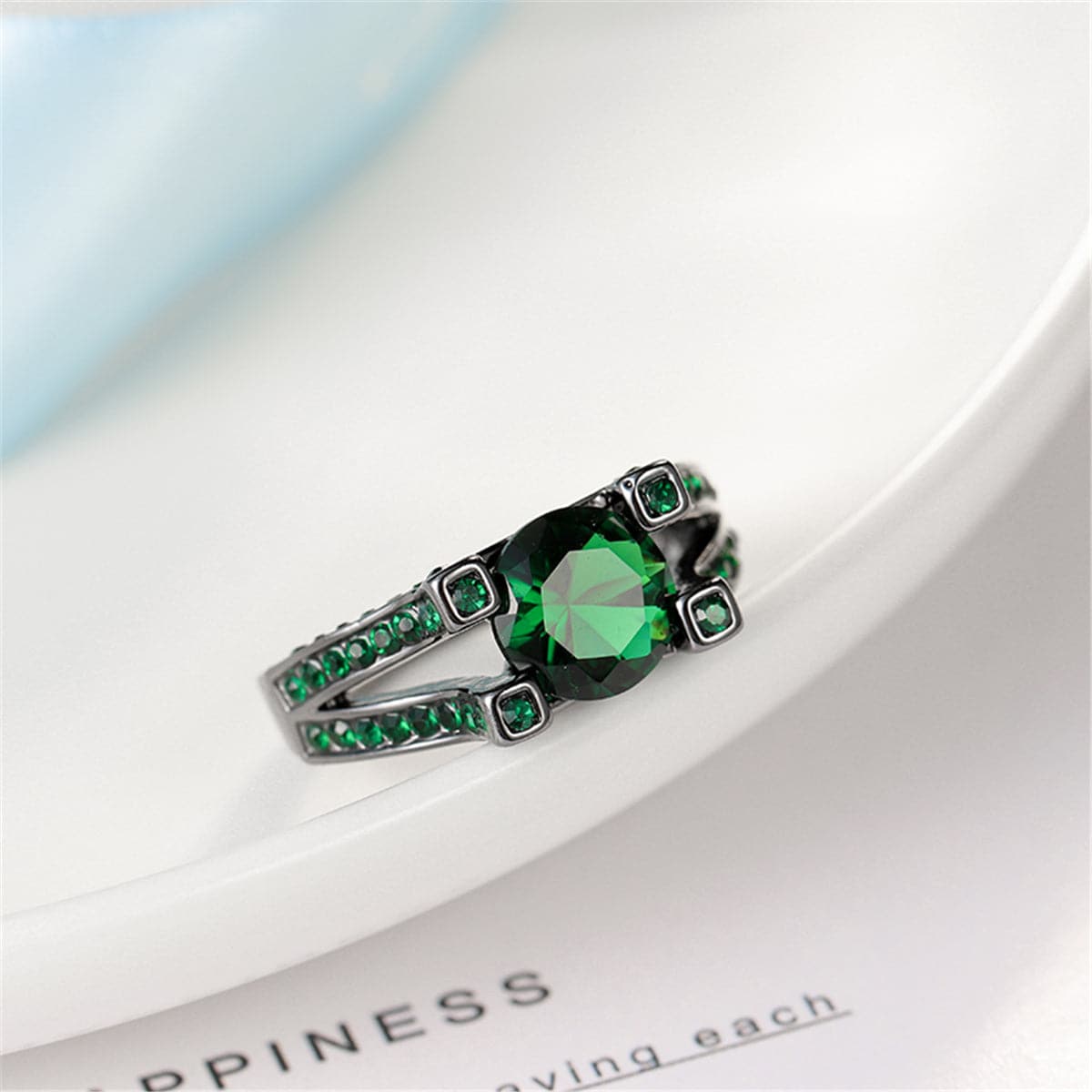 Green Crystal and Cubic Zirconia Tension Pavé Ring, statement rings for women, dainty minimalist design, styled look