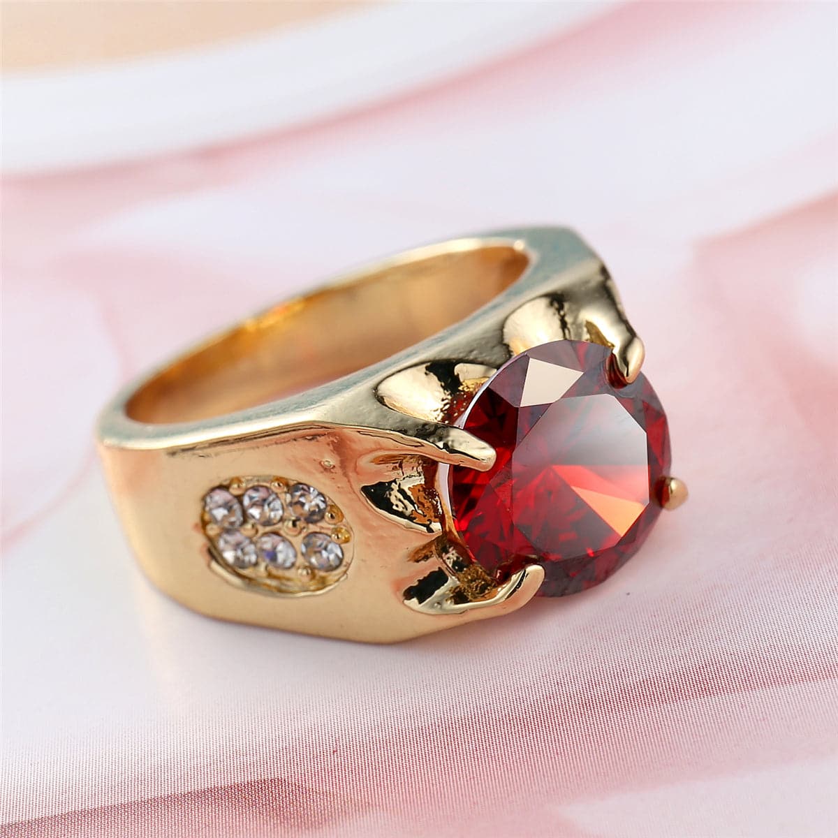 Red Crystal and 18K Gold-Plated Ring, gold statement rings for women, botanical inspired, front view